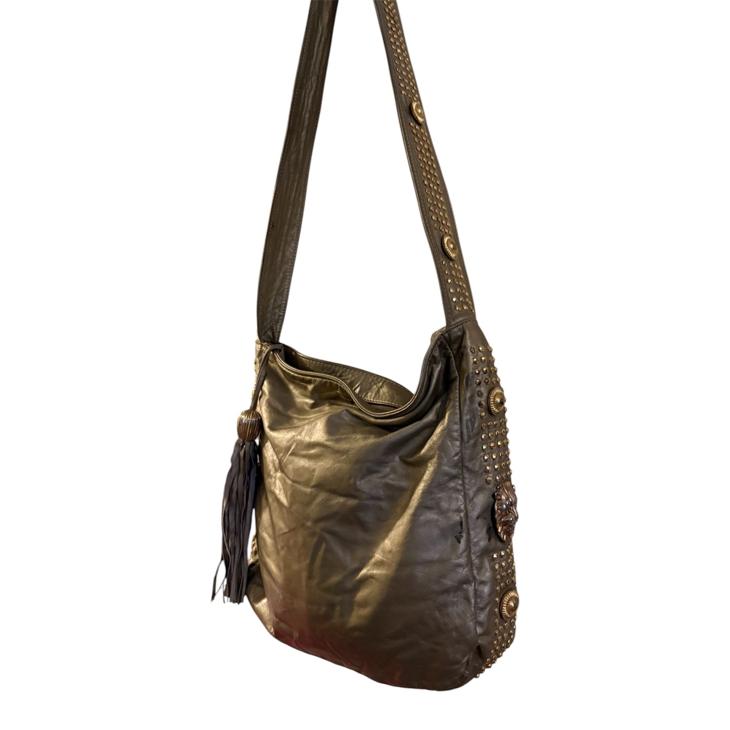 Studded fringe zipper lion head detailed metallic hobo bag