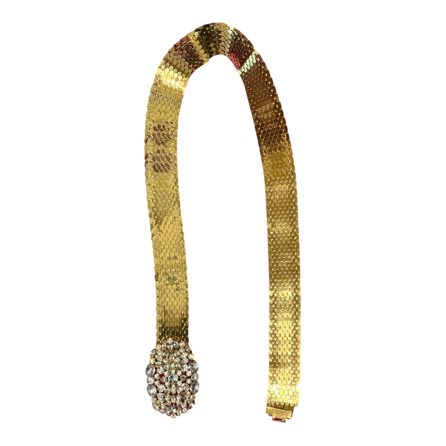 Gold toned rhinestoned encrusted buckle scale detailed belt