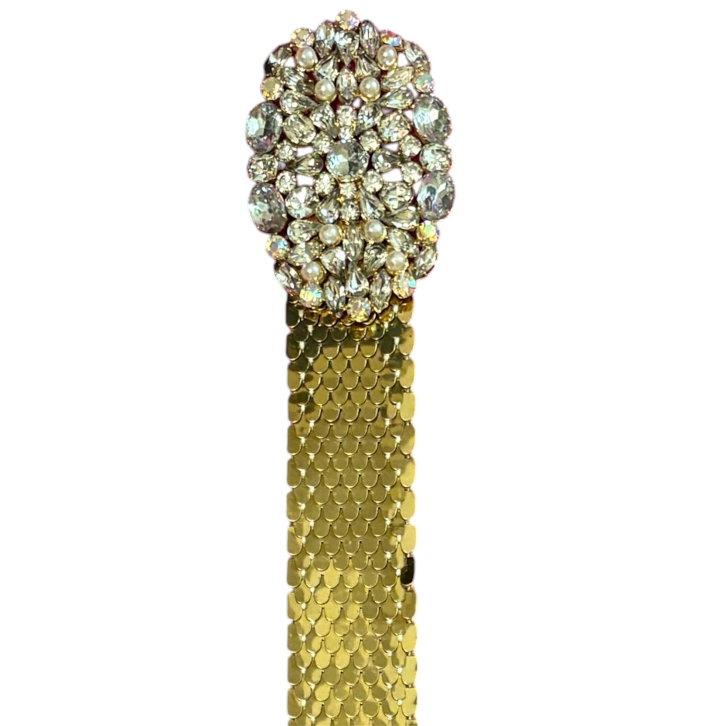 Gold toned rhinestoned encrusted buckle scale detailed belt