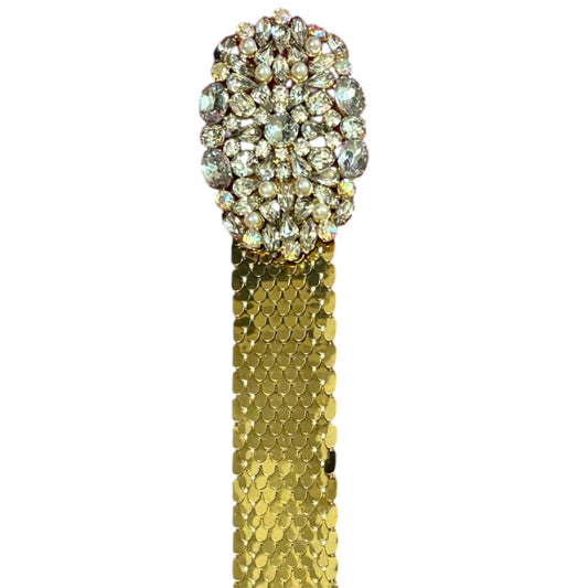 Gold toned rhinestoned encrusted buckle scale detailed belt