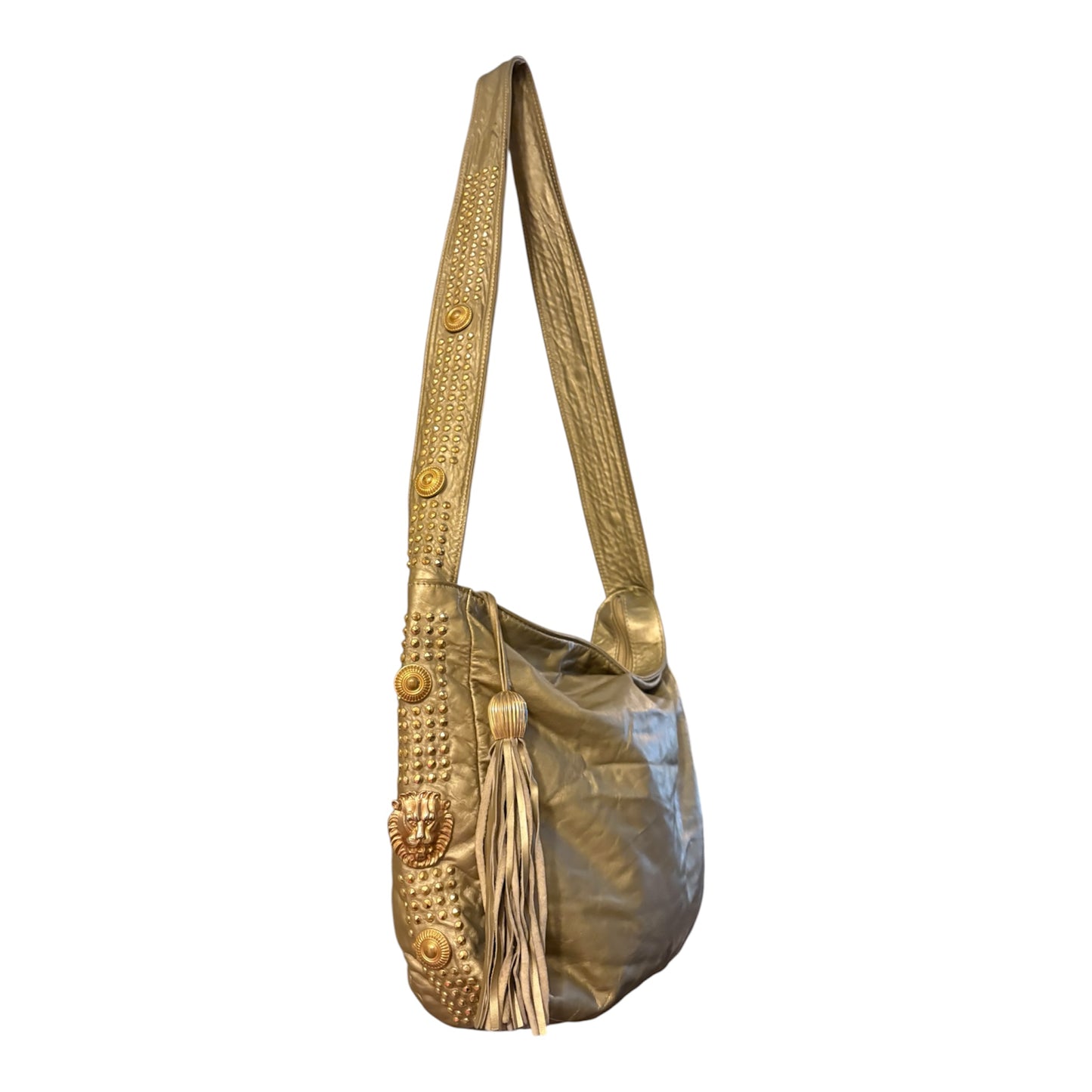 Studded fringe zipper lion head detailed metallic hobo bag