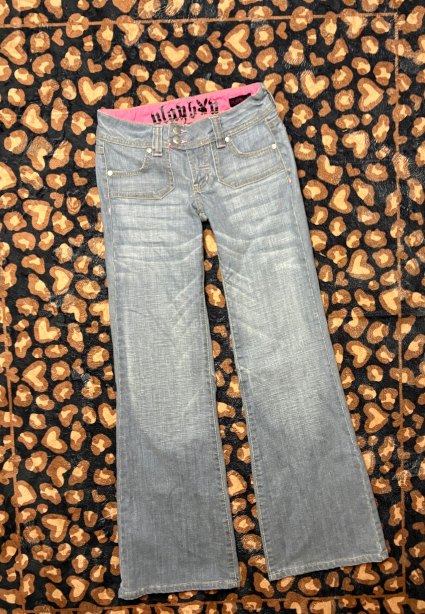 Light Wash Playboy Pink Embroidery Lowrise Jeans