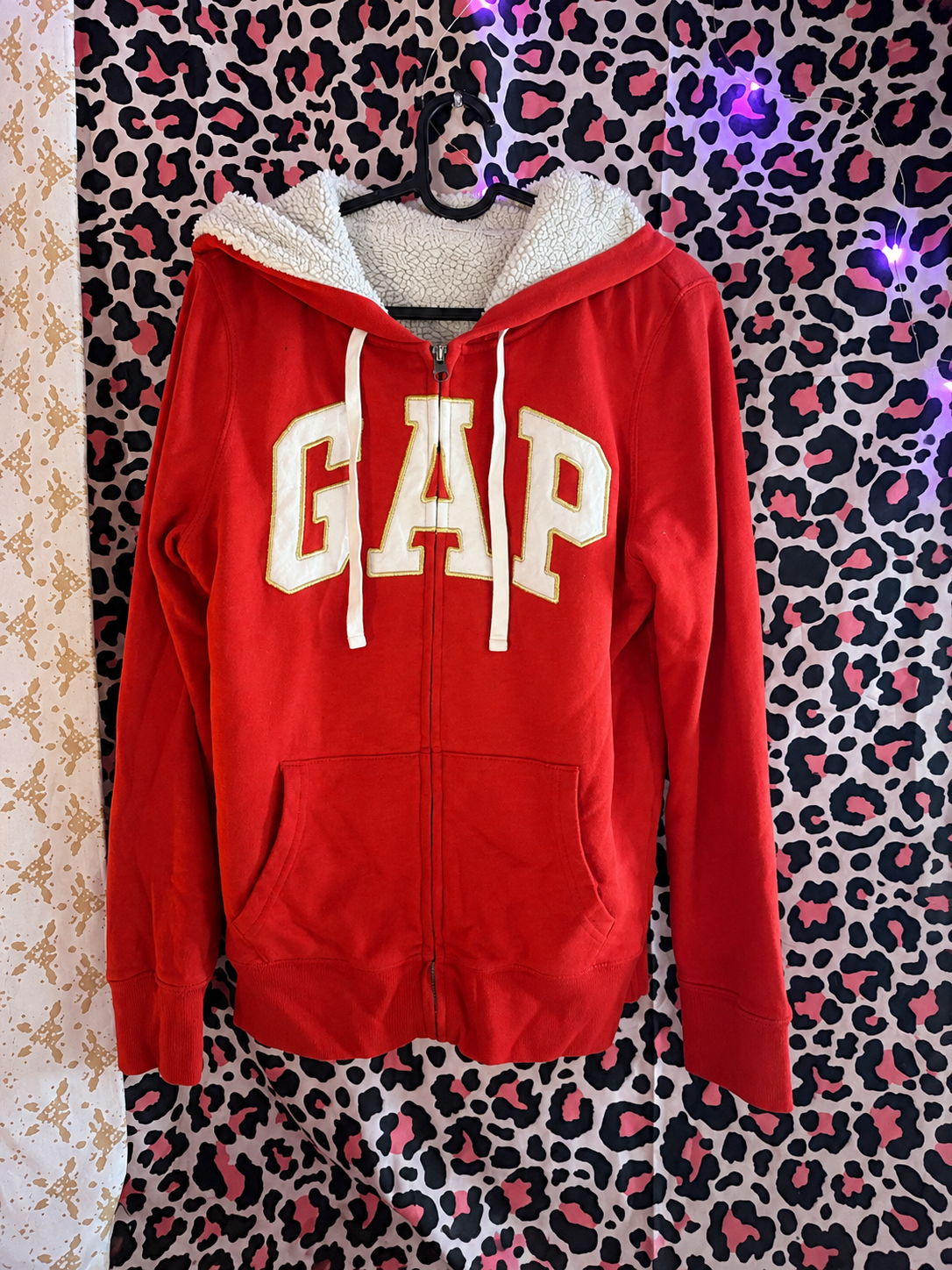 Fuzzy hooded red Gap Zip Up Hoodie