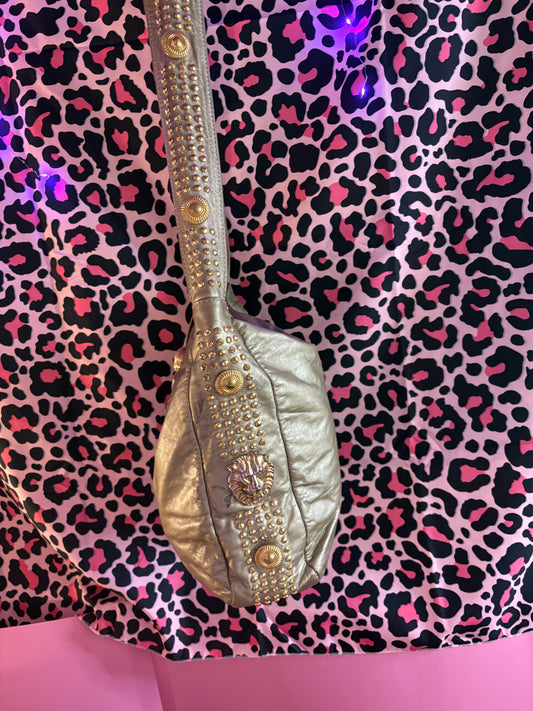 Studded fringe zipper lion head detailed metallic hobo bag