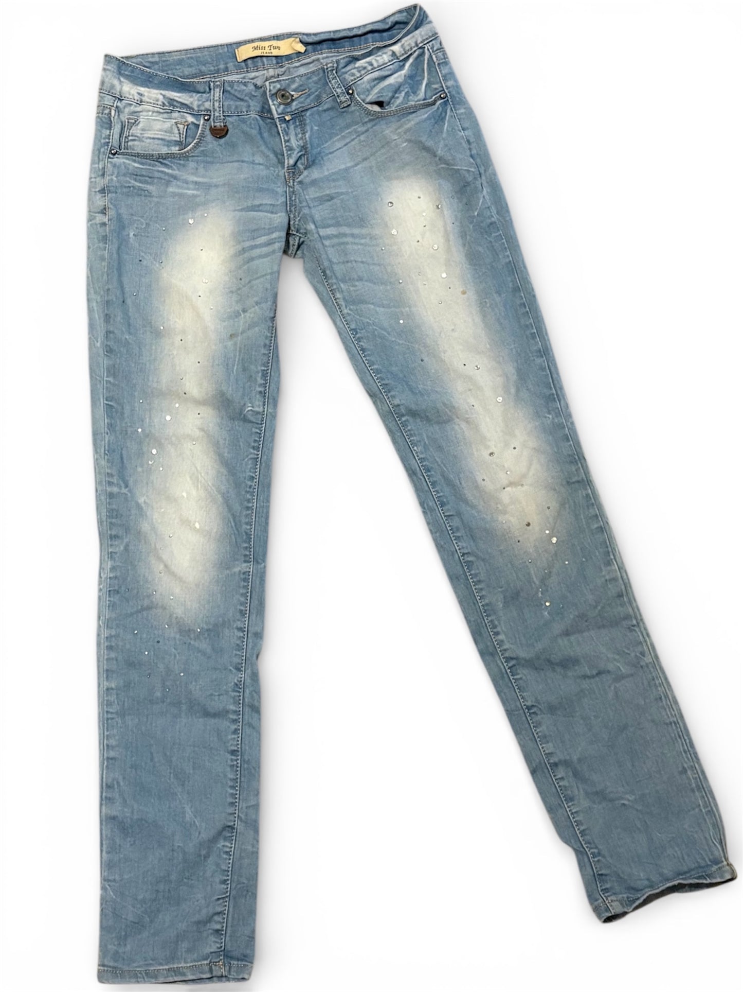 Rhinestoned Light Wash Low Rise Jeans