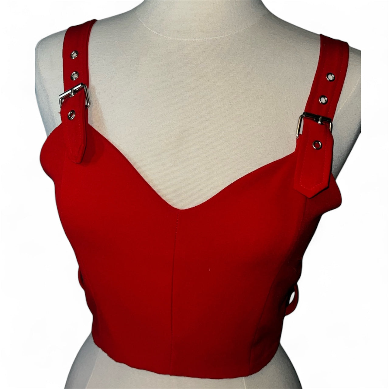 Red Buckle Strapped Zip Up Backed Shirt